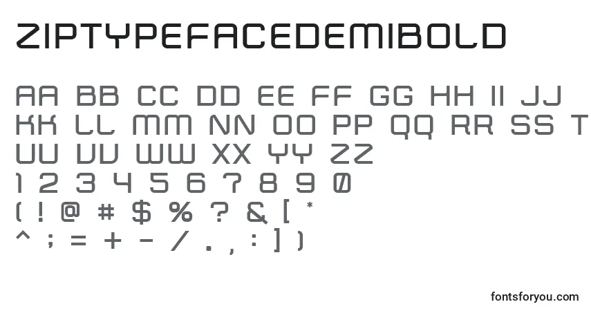 Czcionka ZipTypefaceDemibold – alfabet, cyfry, specjalne znaki