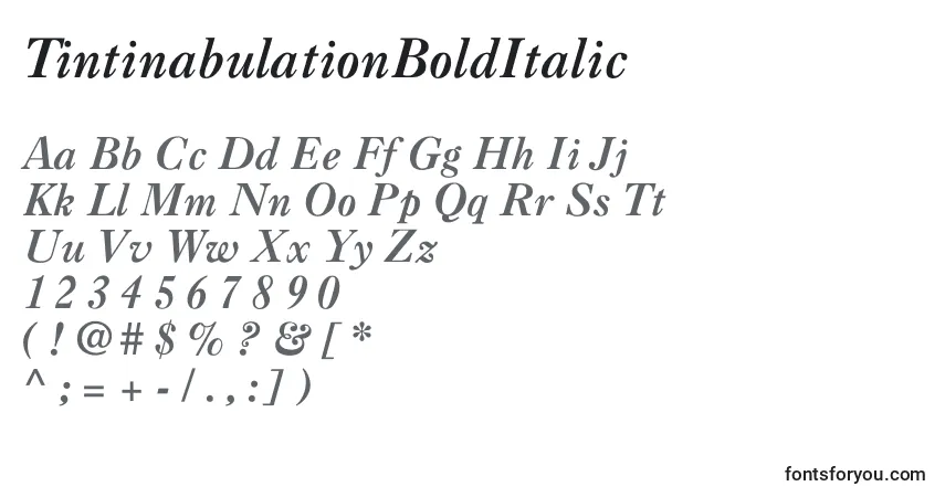 Schriftart TintinabulationBoldItalic – Alphabet, Zahlen, spezielle Symbole