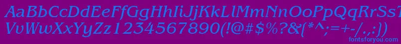 ItcBenguiatBookItalic-Schriftart – Blaue Schriften auf violettem Hintergrund
