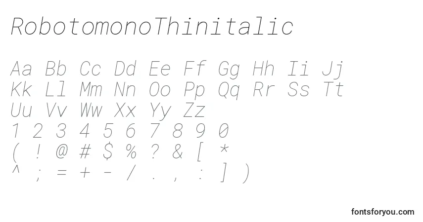 Шрифт RobotomonoThinitalic – алфавит, цифры, специальные символы