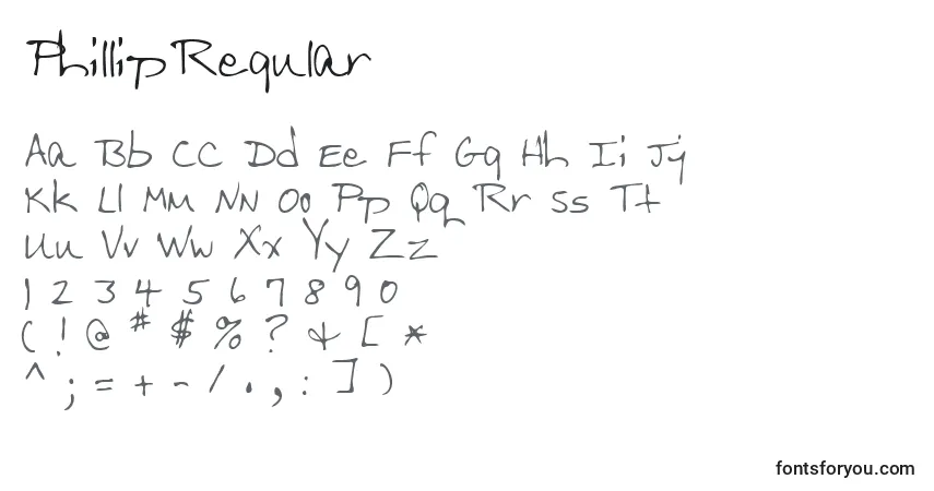 Czcionka PhillipRegular – alfabet, cyfry, specjalne znaki