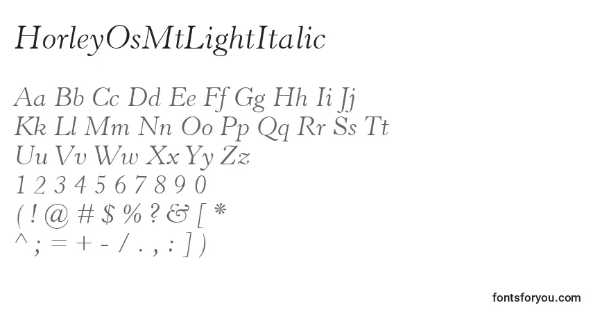 Schriftart HorleyOsMtLightItalic – Alphabet, Zahlen, spezielle Symbole