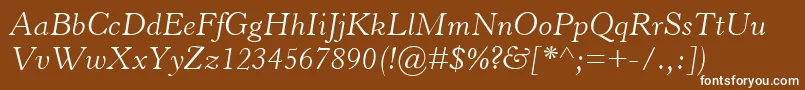 HorleyOsMtLightItalic-fontti – valkoiset fontit ruskealla taustalla