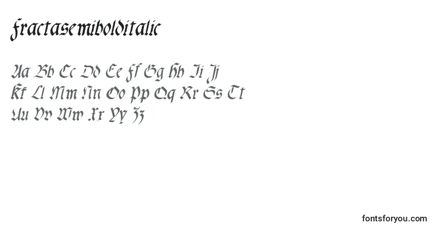 Czcionka Fractasemibolditalic – alfabet, cyfry, specjalne znaki
