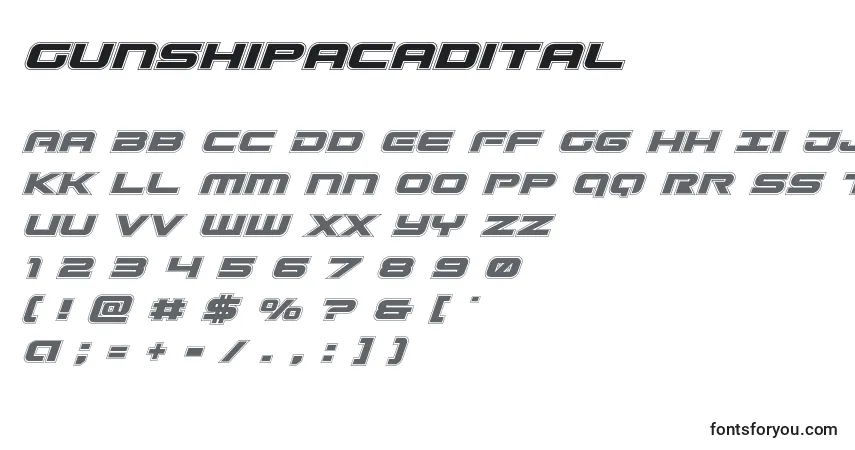 Schriftart Gunshipacadital – Alphabet, Zahlen, spezielle Symbole