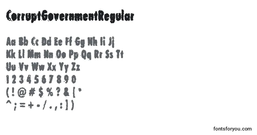 A fonte CorruptGovernmentRegular – alfabeto, números, caracteres especiais