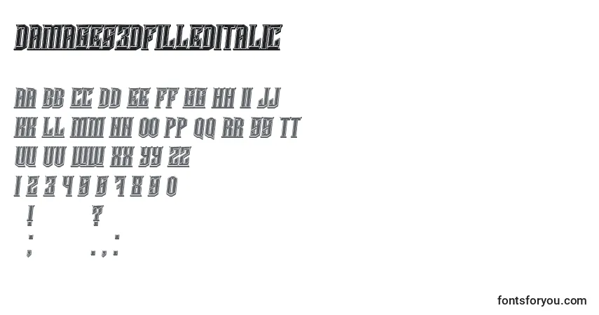 Czcionka Damages3DfilledItalic – alfabet, cyfry, specjalne znaki