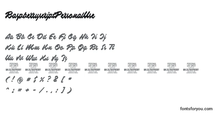 A fonte RaspberryscriptPersonalUse – alfabeto, números, caracteres especiais