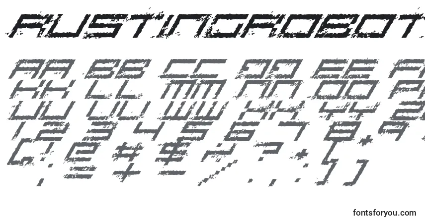 Schriftart RustingRoboticaItalic – Alphabet, Zahlen, spezielle Symbole