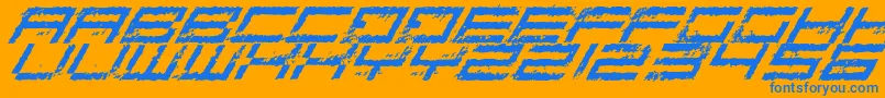 RustingRoboticaItalic-Schriftart – Blaue Schriften auf orangefarbenem Hintergrund