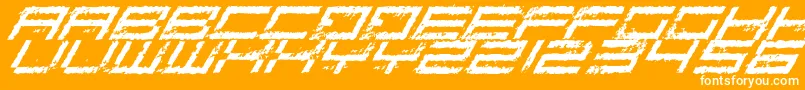 Weitere Informationen zur RustingRoboticaItalic-Schriftart RustingRoboticaItalic-Schriftart – Weiße Schriften auf orangefarbenem Hintergrund
