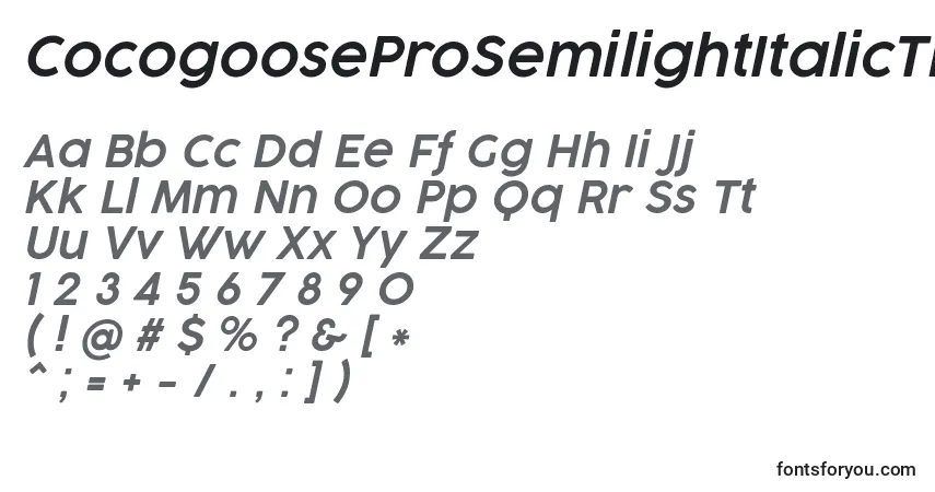 Шрифт CocogooseProSemilightItalicTrial – алфавит, цифры, специальные символы