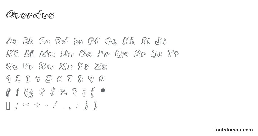 Czcionka Overdue – alfabet, cyfry, specjalne znaki