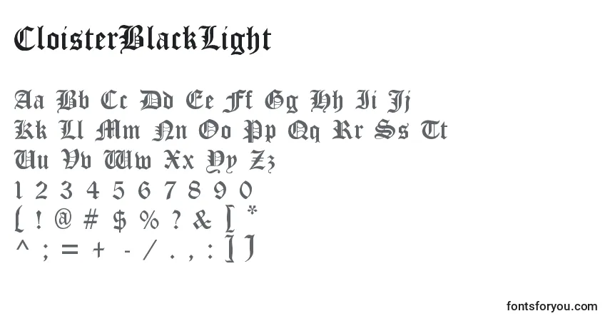 Schriftart CloisterBlackLight – Alphabet, Zahlen, spezielle Symbole