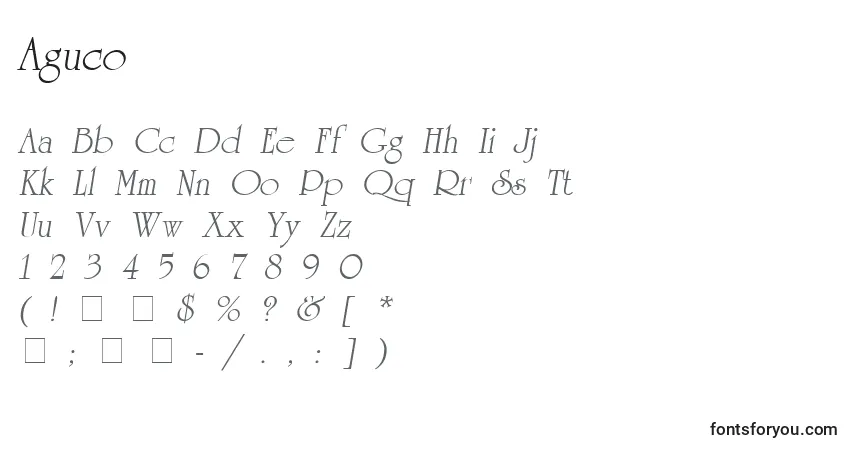Czcionka Aguco – alfabet, cyfry, specjalne znaki