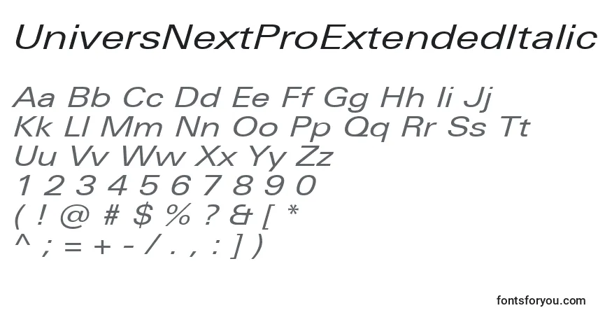 Schriftart UniversNextProExtendedItalic – Alphabet, Zahlen, spezielle Symbole