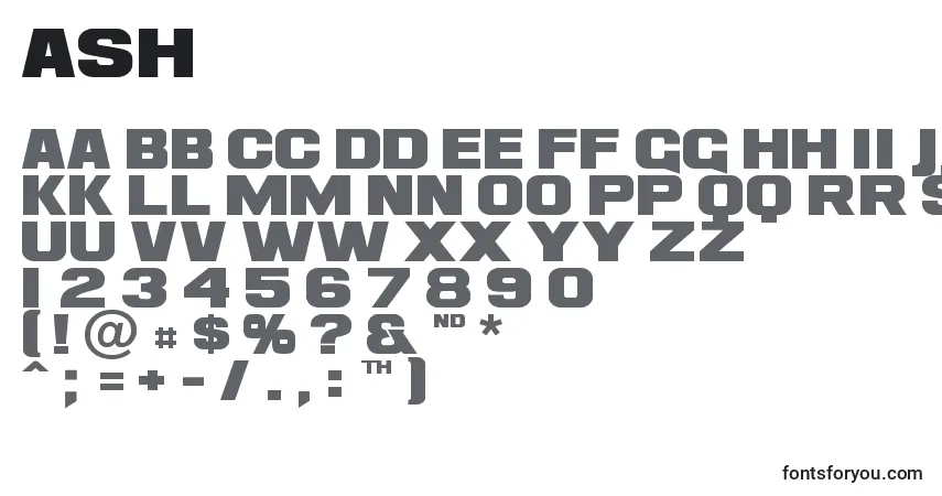 Czcionka Ash – alfabet, cyfry, specjalne znaki