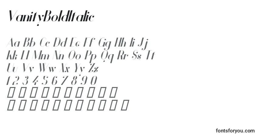 VanityBoldItalic Font – alphabet, numbers, special characters