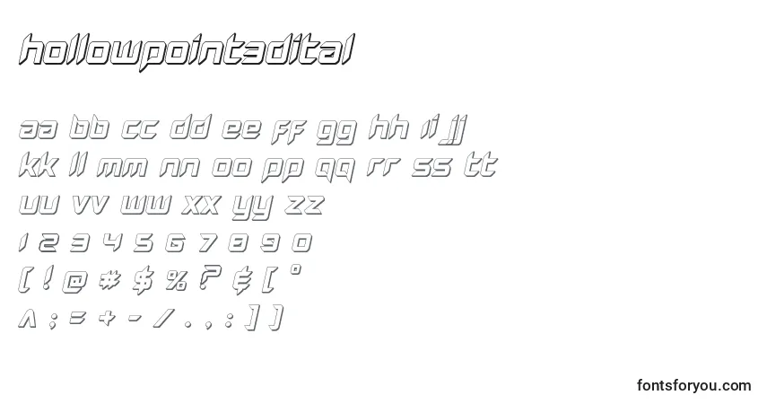 Czcionka Hollowpoint3Dital – alfabet, cyfry, specjalne znaki