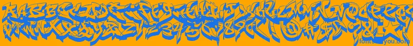RaseoneFat3D-Schriftart – Blaue Schriften auf orangefarbenem Hintergrund