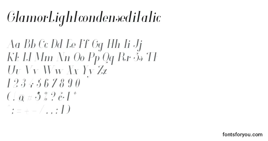A fonte GlamorLightcondenseditalic (57802) – alfabeto, números, caracteres especiais