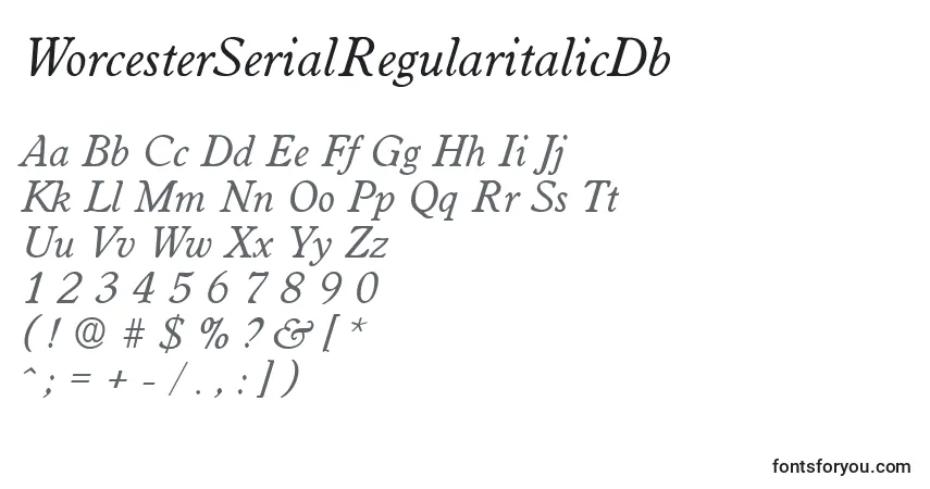 Czcionka WorcesterSerialRegularitalicDb – alfabet, cyfry, specjalne znaki
