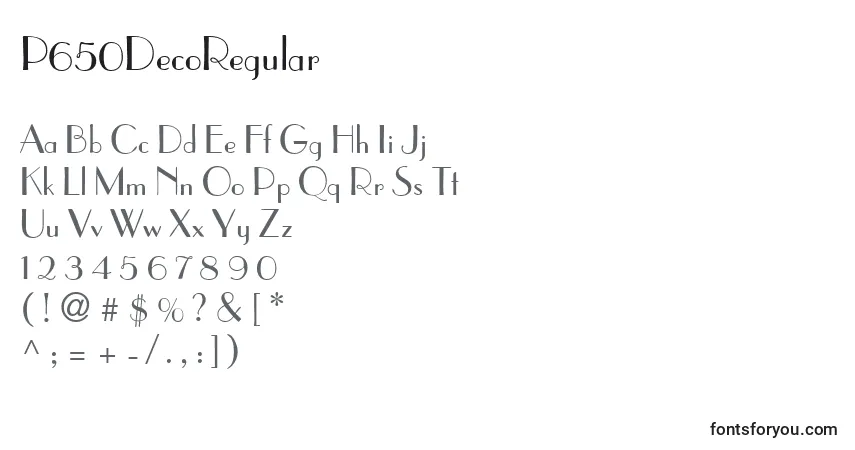 A fonte P650DecoRegular – alfabeto, números, caracteres especiais