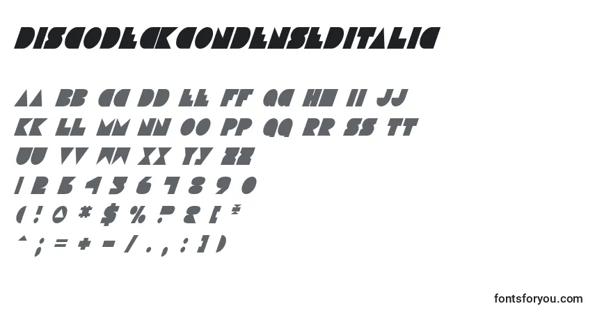 Шрифт DiscoDeckCondensedItalic – алфавит, цифры, специальные символы