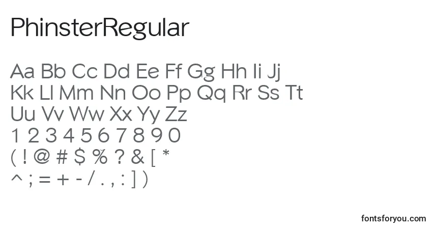 PhinsterRegular-fontti – aakkoset, numerot, erikoismerkit
