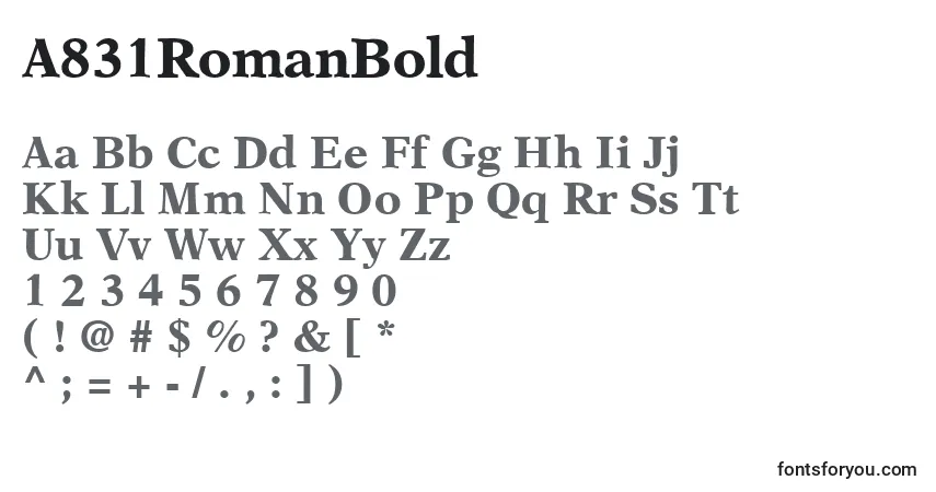 Czcionka A831RomanBold – alfabet, cyfry, specjalne znaki