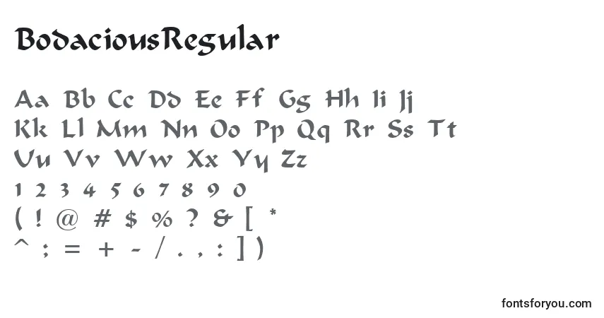 A fonte BodaciousRegular – alfabeto, números, caracteres especiais