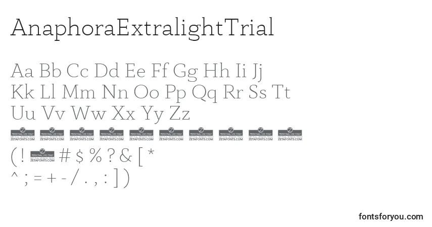 A fonte AnaphoraExtralightTrial – alfabeto, números, caracteres especiais
