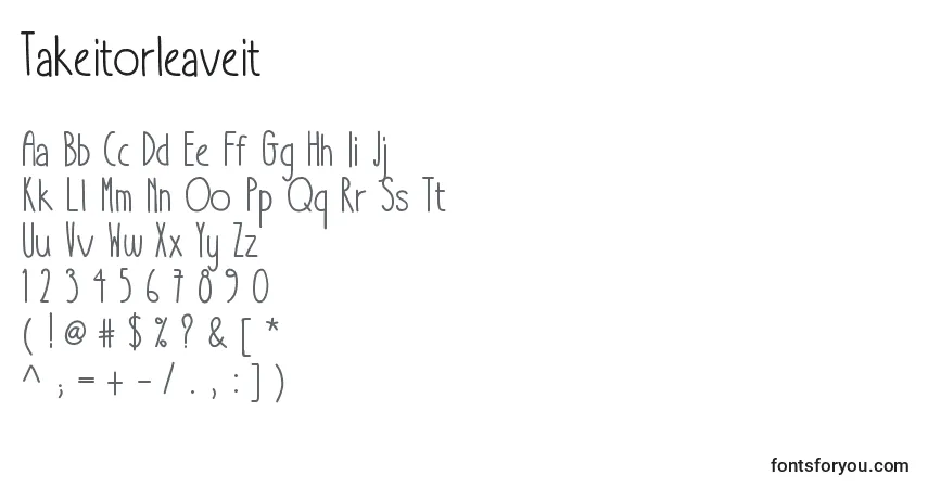 Czcionka Takeitorleaveit – alfabet, cyfry, specjalne znaki