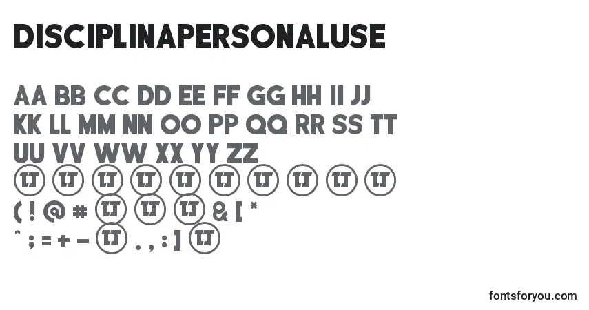 A fonte DisciplinaPersonalUse – alfabeto, números, caracteres especiais