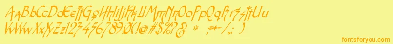 フォントSnotmasterVItalic – オレンジの文字が黄色の背景にあります。