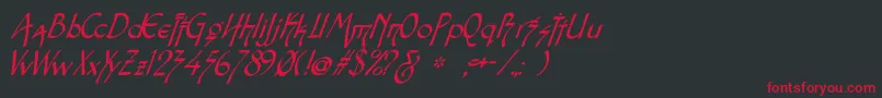 フォントSnotmasterVItalic – 黒い背景に赤い文字