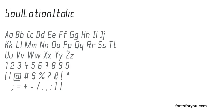 A fonte SoulLotionItalic – alfabeto, números, caracteres especiais