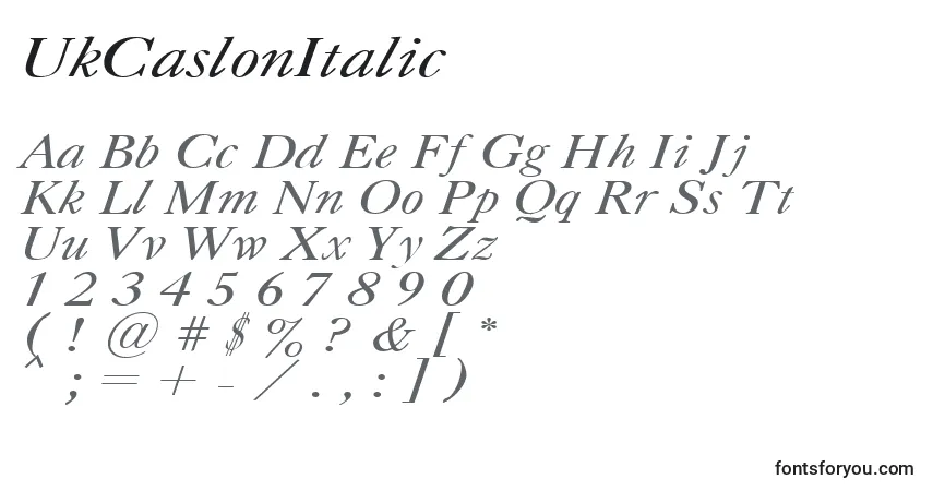 Czcionka UkCaslonItalic – alfabet, cyfry, specjalne znaki
