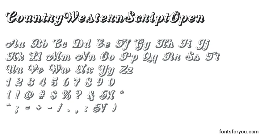 Czcionka CountryWesternScriptOpen – alfabet, cyfry, specjalne znaki