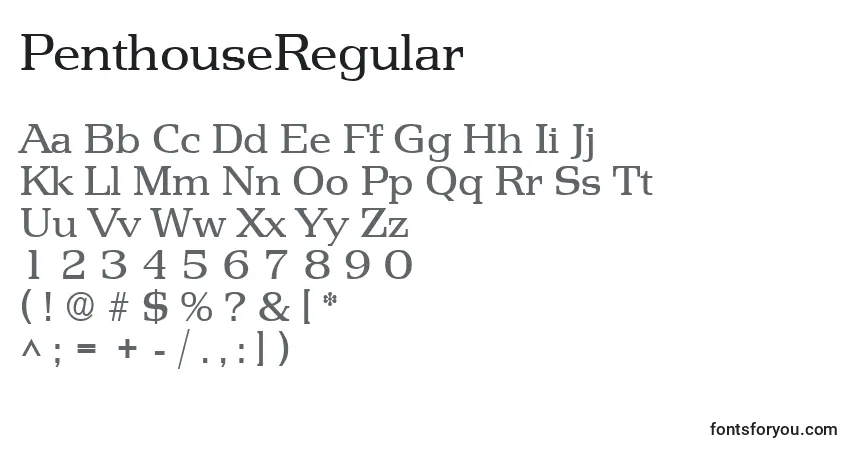 A fonte PenthouseRegular – alfabeto, números, caracteres especiais