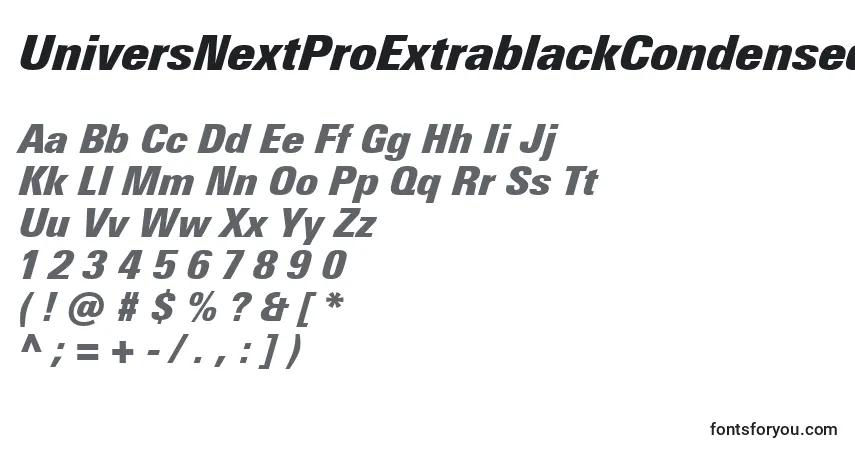 A fonte UniversNextProExtrablackCondensedItalic – alfabeto, números, caracteres especiais