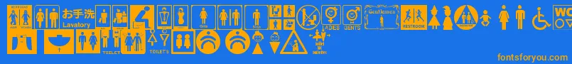 RestroomSignsTfb-Schriftart – Orangefarbene Schriften auf blauem Hintergrund