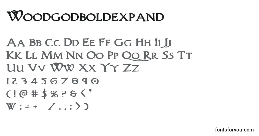 Schriftart Woodgodboldexpand – Alphabet, Zahlen, spezielle Symbole