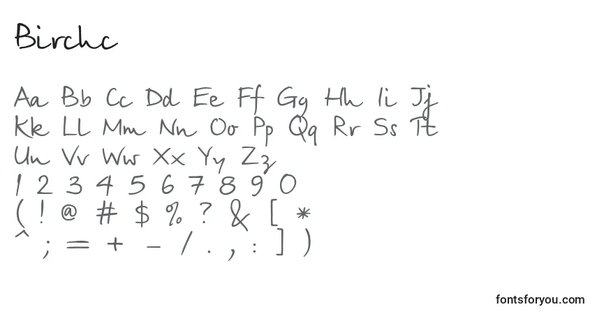 A fonte Birchc – alfabeto, números, caracteres especiais