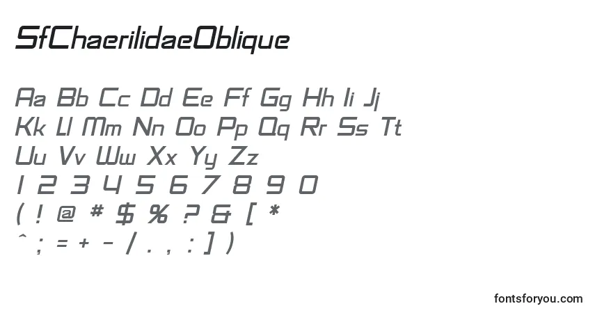 A fonte SfChaerilidaeOblique – alfabeto, números, caracteres especiais