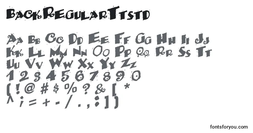 Czcionka BackRegularTtstd – alfabet, cyfry, specjalne znaki