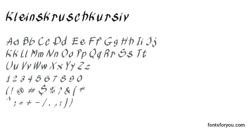 Czcionka Kleinskruschkursiv – alfabet, cyfry, specjalne znaki