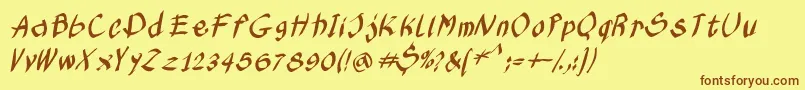 フォントKleinskruschkursiv – 茶色の文字が黄色の背景にあります。