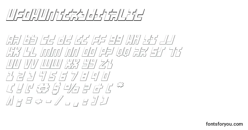 Шрифт UfoHunter3DItalic – алфавит, цифры, специальные символы