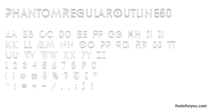 Czcionka PhantomRegularOutline50 – alfabet, cyfry, specjalne znaki